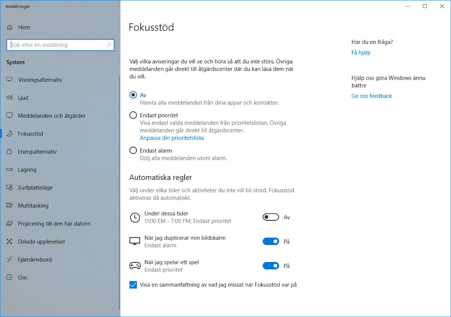 Fokusstöd Fokusstöd i Windows 10